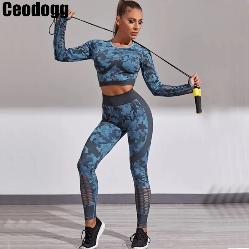 Camouflage Set Women Yoga Suit Sport Set Gym Workout Clothes Long Sleeve Fitness Crop Top High Waist Seamless Camo Leggings 1PCS yoga set sports set gym workout set sportswear set fitness set yoga pants set