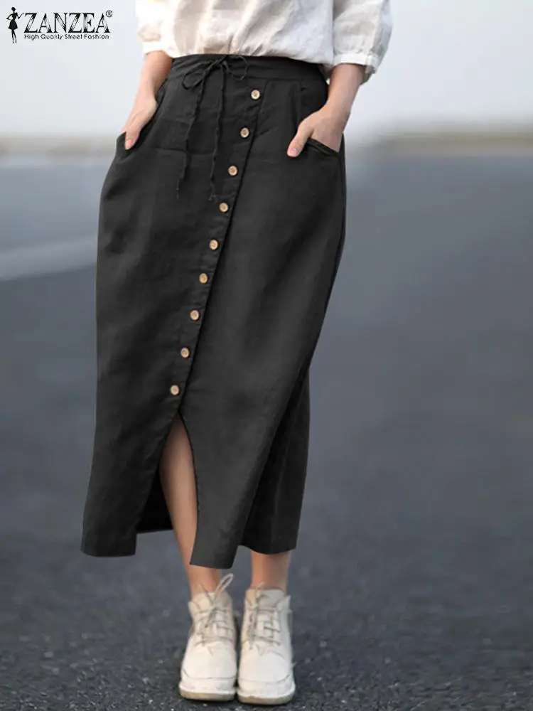 ZANZEA Vintage Cargo Skirts Casual Button Down Front Ankle Length Robe Fashion Solid Color Overskirts Elegant Party Cotton Dress