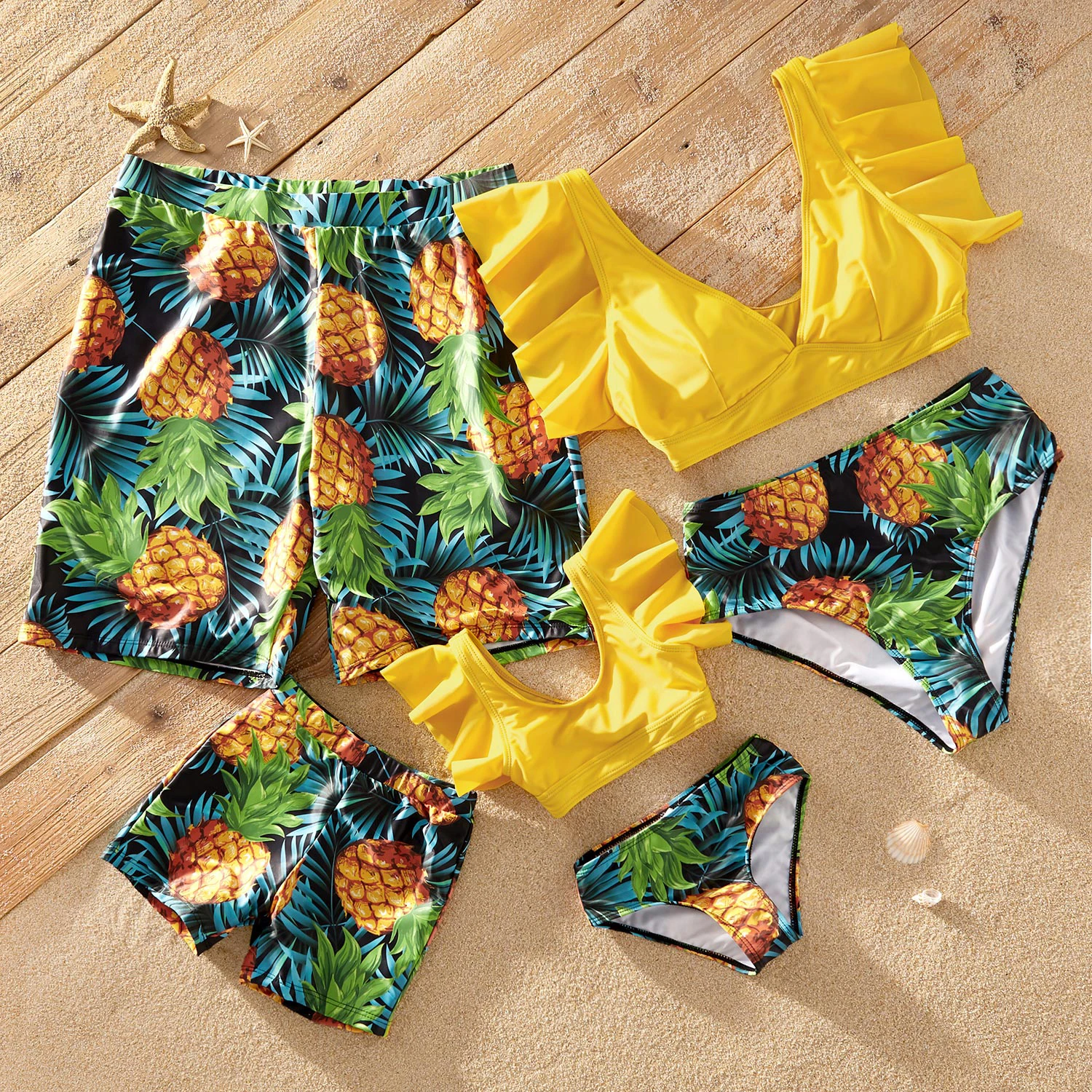 PatPat New Summer Ruffle Sleeve Swimsuits Family Look Pineapple full print Yellow Sets Family Matching Swimwear
