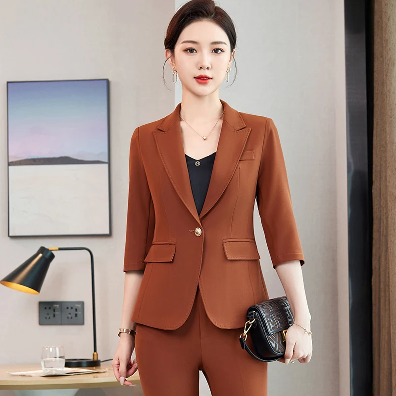 

Half Sleeve 2023 Spring Summer Formal Uniform Designs Pantsuits with Pants and Jackets Coat Women Business Office Work Wear Suit
