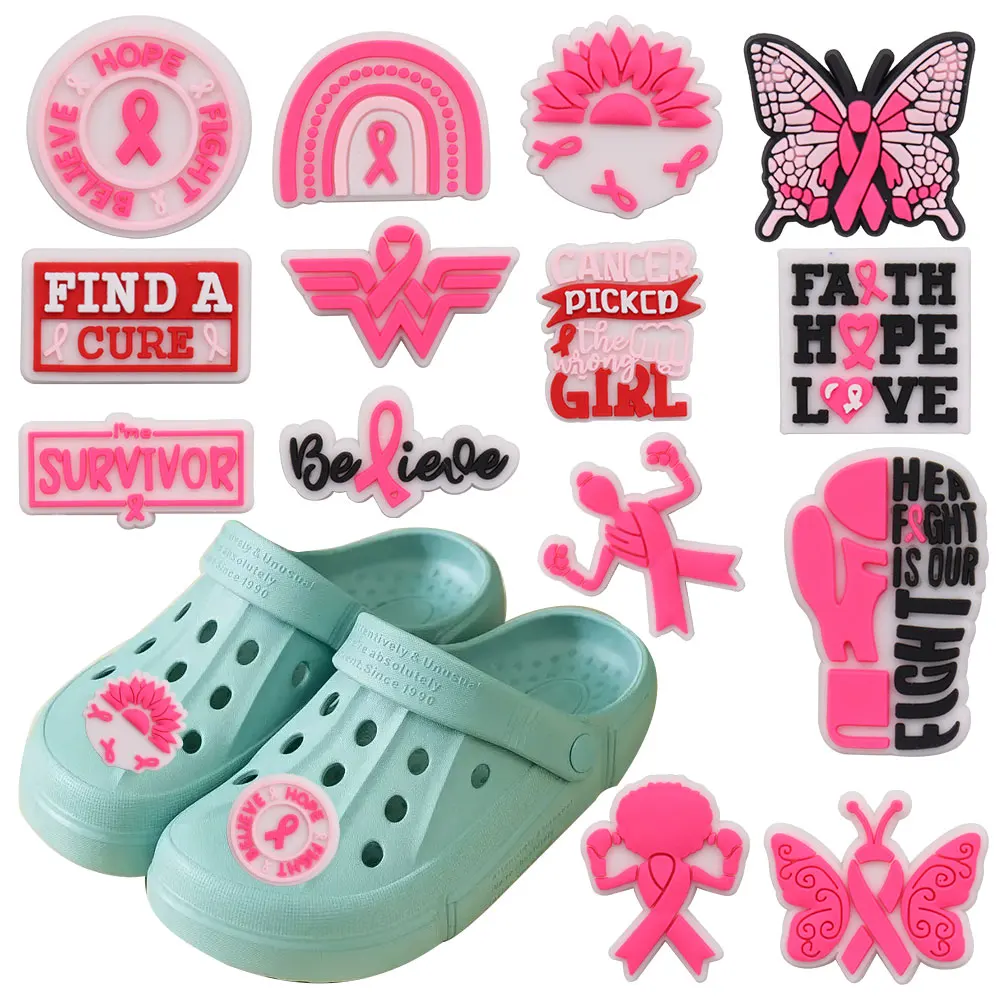 

Mix 50PCS PVC Buckle Clog Faith Hope Love Butterfly Find A Cure Survivor Flower Rainbow Croc Slipper Accessories Sandals Shoes