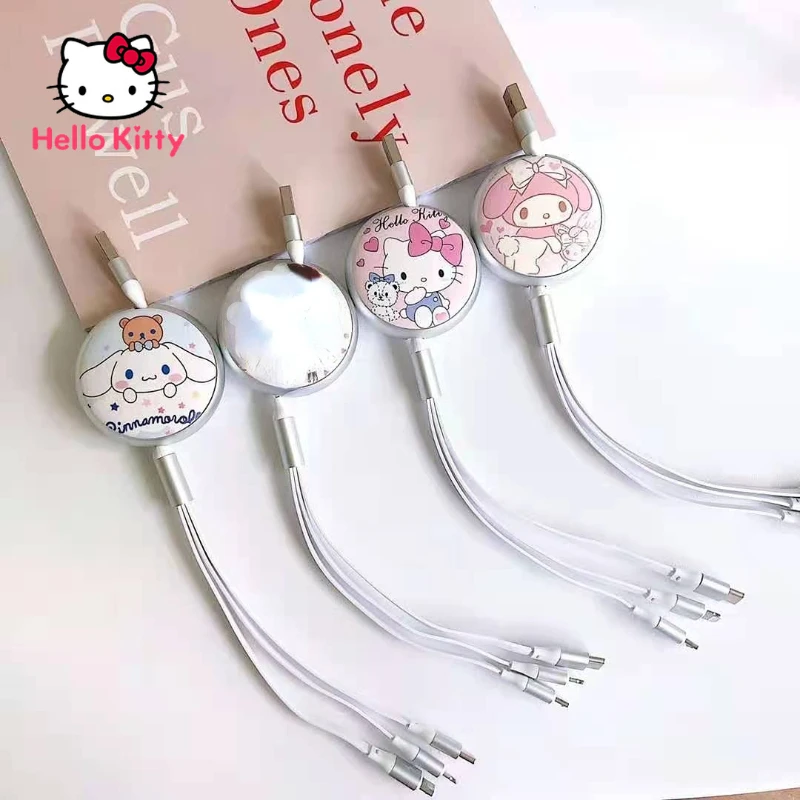 

Cute Cartoon Hello Kitty One Drag Three Telescopic Data Cable Suitable for Apple Android Huawei TYPE-C Portable Charging Cable