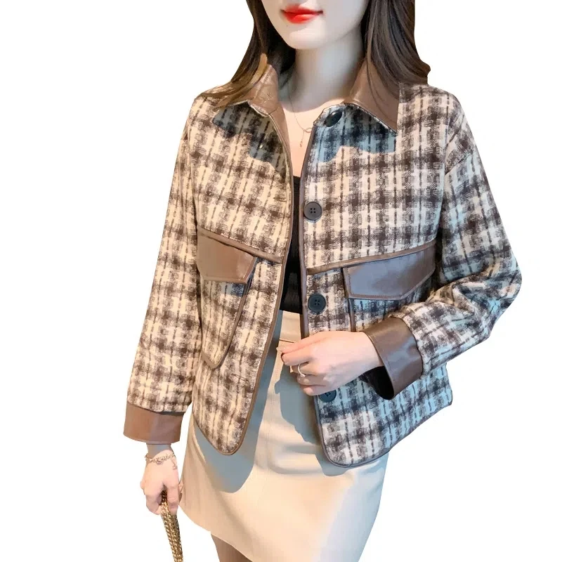 

Однобортная свободная мотоциклетная кожаная куртка с отложным воротником и длинным рукавом, женское шикарное клетчатое повседневное короткое пальто, уличная одежда в стиле Харадзюку