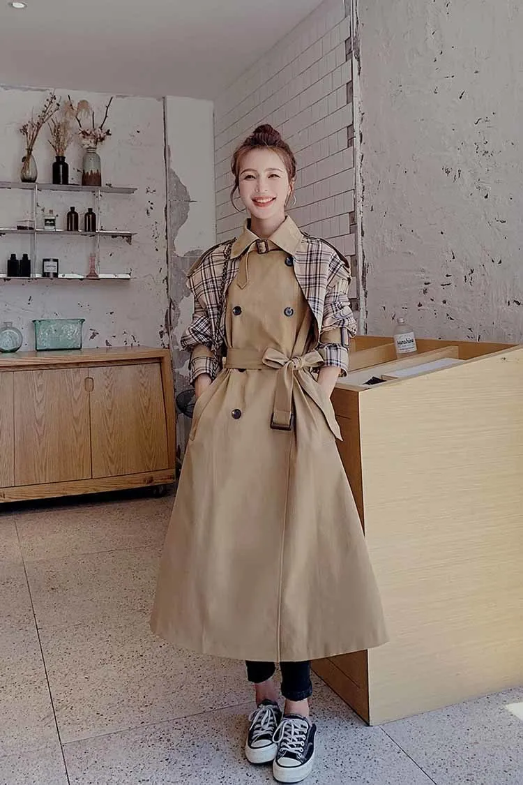 Spring Autumn British UK Style Women Trench Coat Long  Loose Vintage Over The Knee Female Windbreaker Plaid Stitching Overcoat black puffer coat