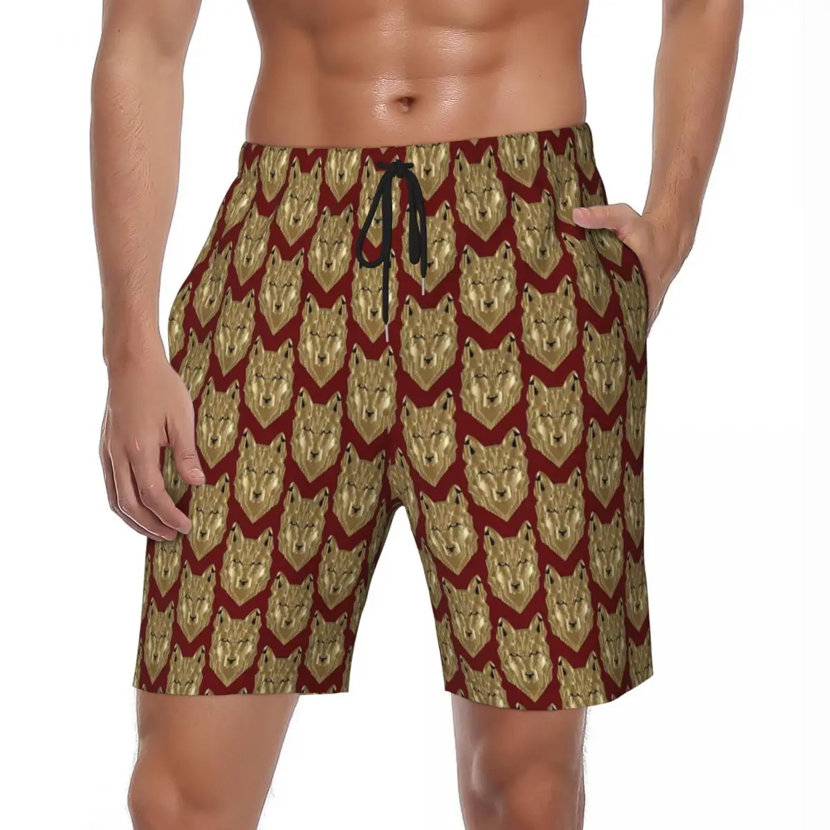 

Summer Board Shorts Men Gold Wolf Sports Fitness Abstract Animal Print Beach Shorts Hawaii Comfortable Swimming Trunks Plus Size