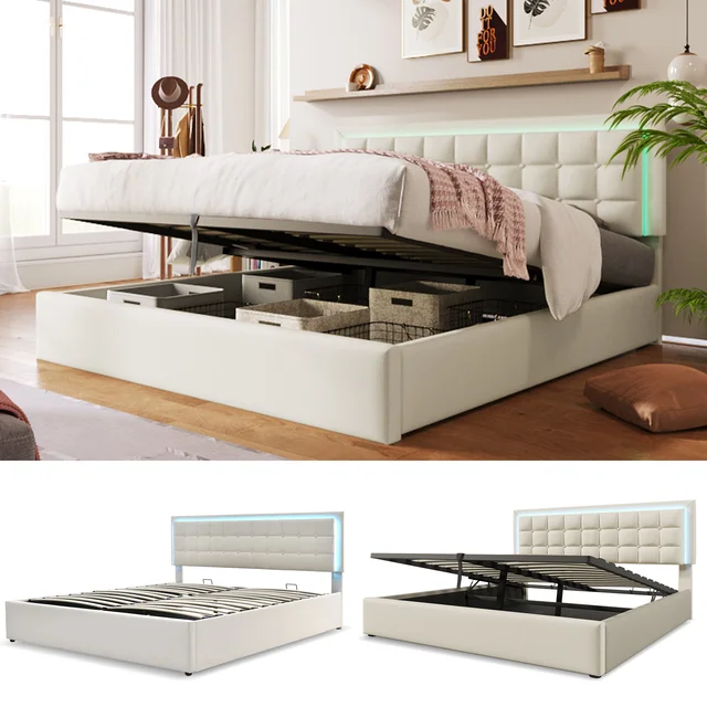 With slatted frame and storage space, double bed including LED 