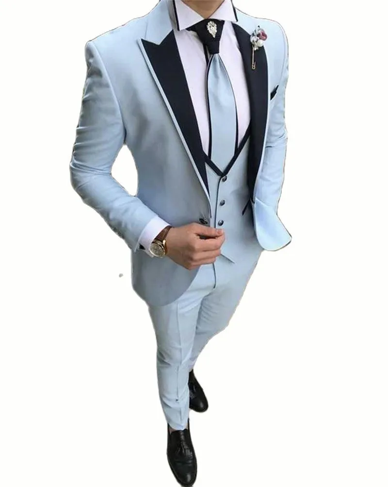 

New Popular Light Blue Men Suits 3 Piece Costume Homme Groom Wedding Wear Terno Masculino Slim Fit (Jacket+Vest+Pants)