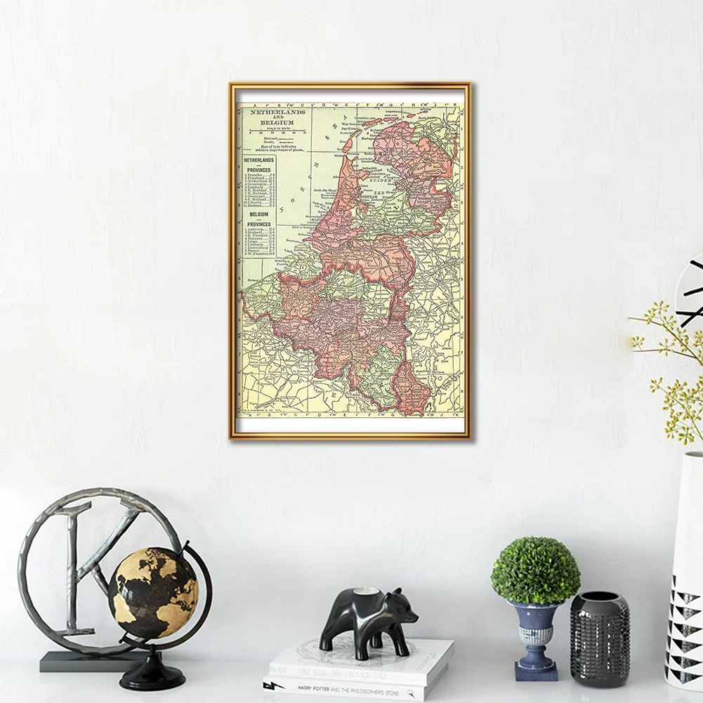 42*59cm The 1914 Belgium and Netherlands Map Vintage Wall Art Poster Spray Canvas Painting Education School Supplies Home Decor