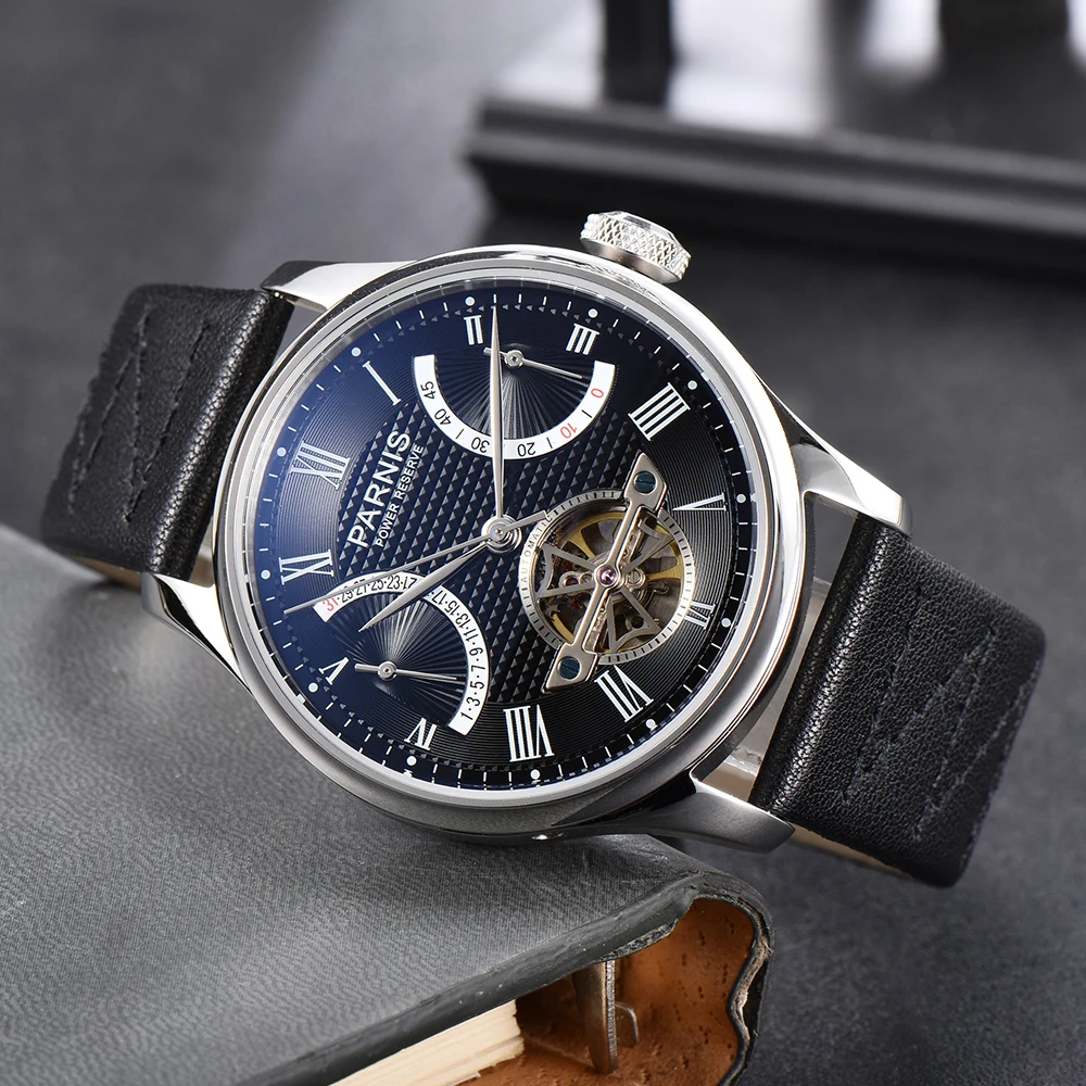 

43mm Parnis Black Dial Black Strap Date Power Reserve ST 2505 Automatic Men Watches Leather Strap Top Luxury Brand 2021