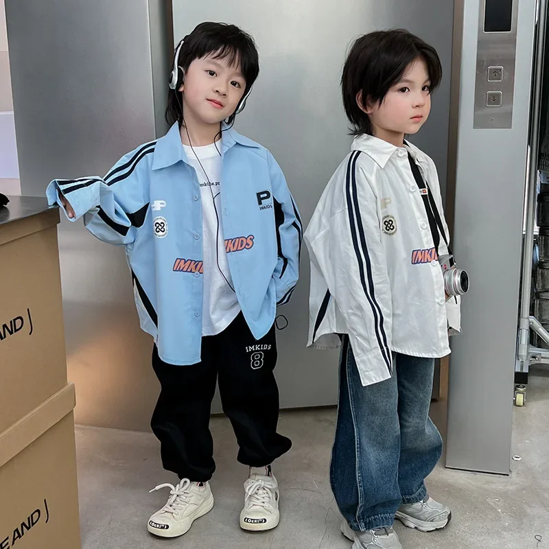 남아용 컬러 블로킹 셔츠, 캐주얼 라펠 탑, 순면 아동복, 2024 새로운 스타일 스트리트웨어 가디건