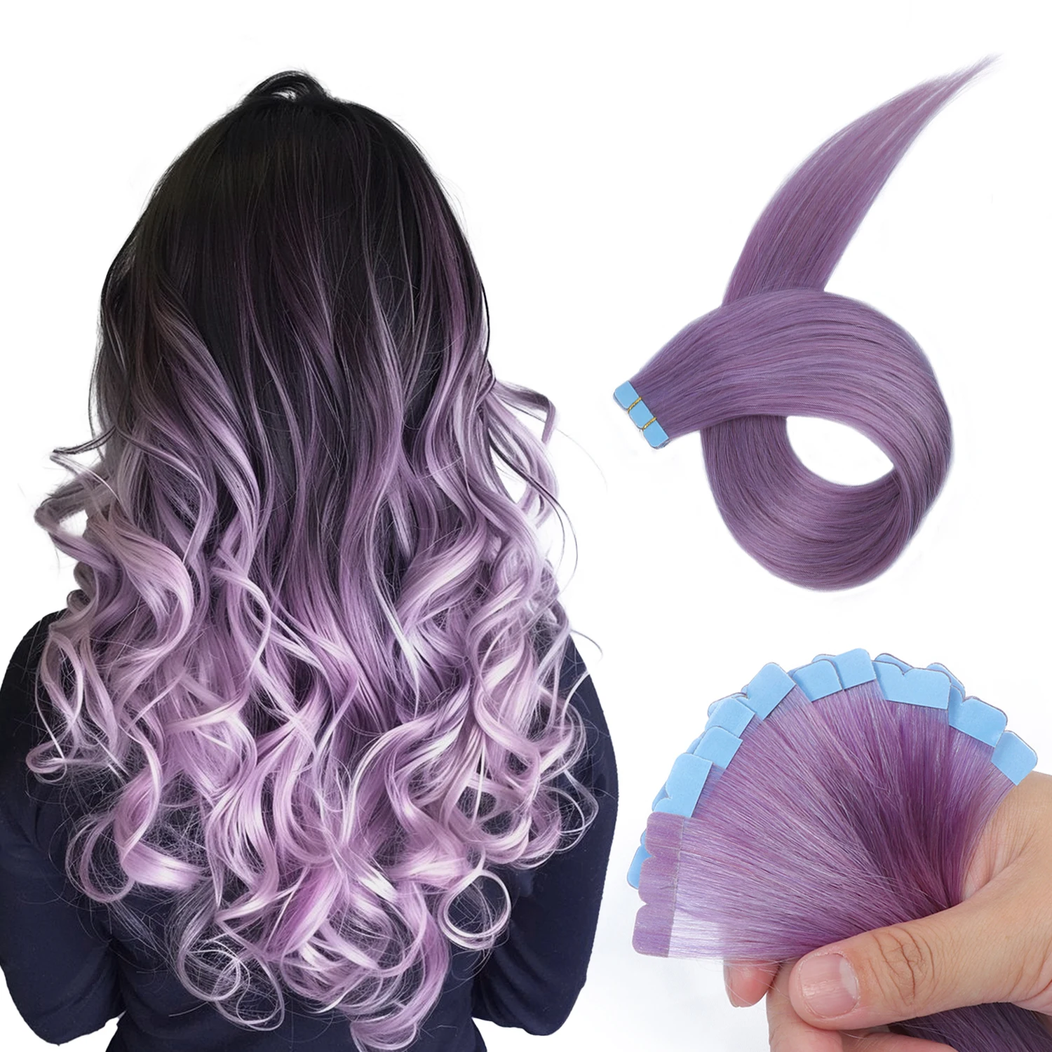 Light Purple Mini Tape In Hair Extensions Skin Weft Double Side Invisible Seamless Tape in Hair 12-20 Inchs 10pcs/pack
