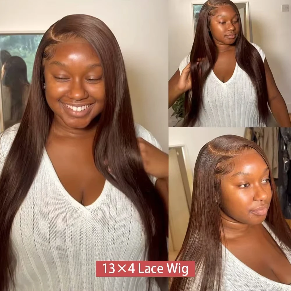 250 Density Straight Lace Front Wig Chocolate Brown Human Hair Wigs 13X6 Hd Lace Frontal Wig Pre plucked Colored Brazilian Hair 2