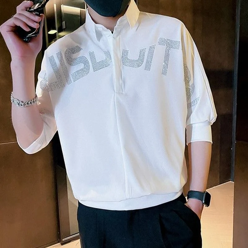 2023 Summer New Solid Color Fashion Letter Rhinestone Printing Shirt Man Turn-down Collar Button Three Quarter Loose Pullovers