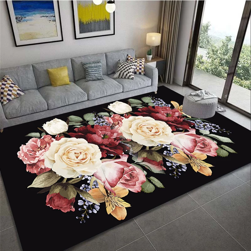 Romantic 3D Floral Pattern Peony Rose Rug Living Room Home Decor Sofa Table Rug Non-slip Chair Mat Leisure Floor Mat Home Decor