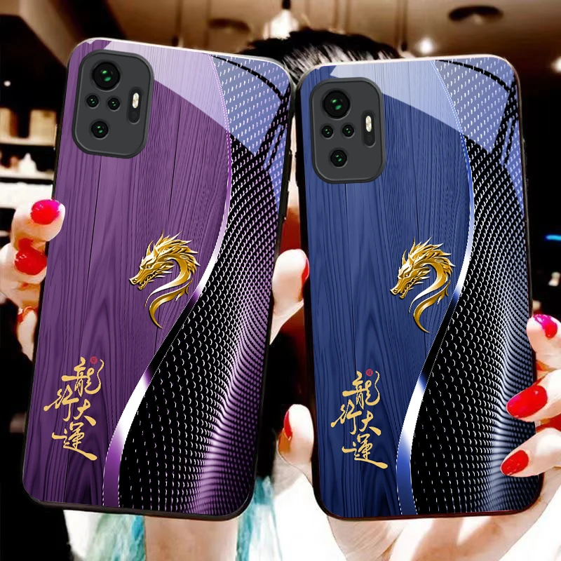 Elegant Black Tempered Glass Phone Case with Traditional Dragon Totem Design