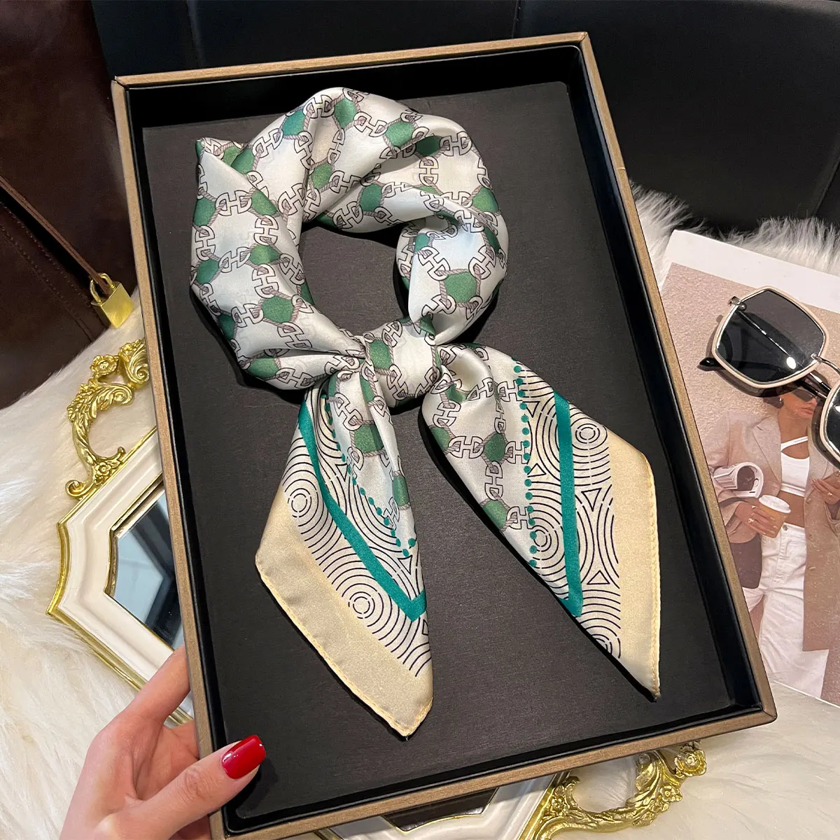 Luxury Fashion Print 70*70cm Silk Square Scarf Women Soft Satin Hairband Neckerchief Tie Female Headband Foulard Bag Ribbon