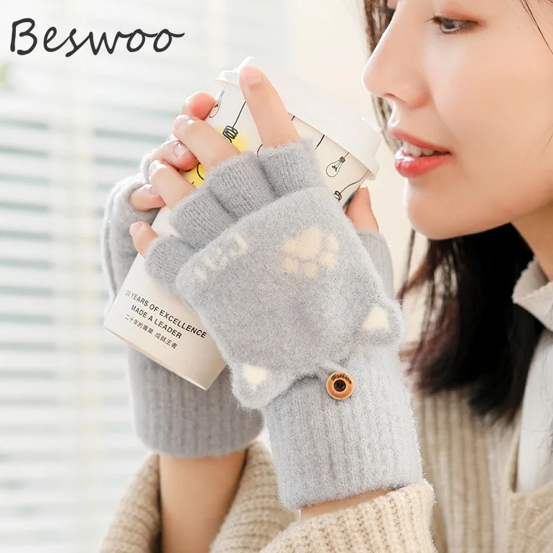 

Women Girls Cute Warm Gloves Cartoon Cat Flip-top Gloves Writing Knitted Half Finger Hand Warmer Winter Warm Mittens Glove Women
