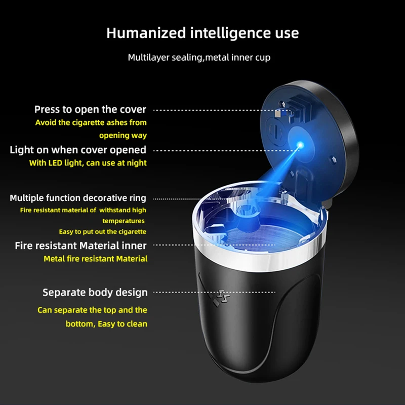 Portable Car Ashtray with LED Light Stainless Steel for Cigarettes