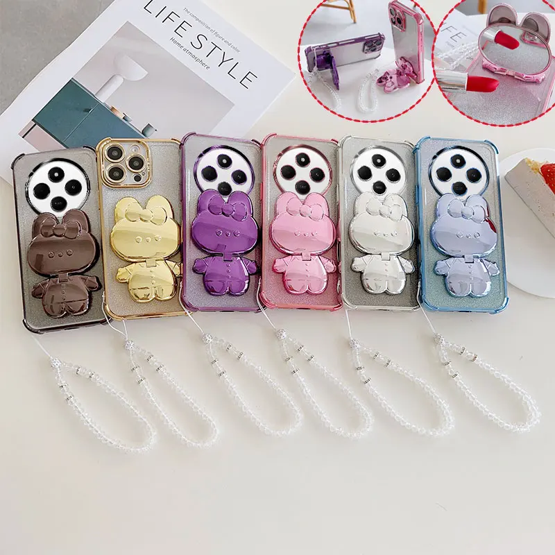 Luxury Shockproof Phone Case with Rabbit Makeup Swivel Stand & Crystal Lanyard