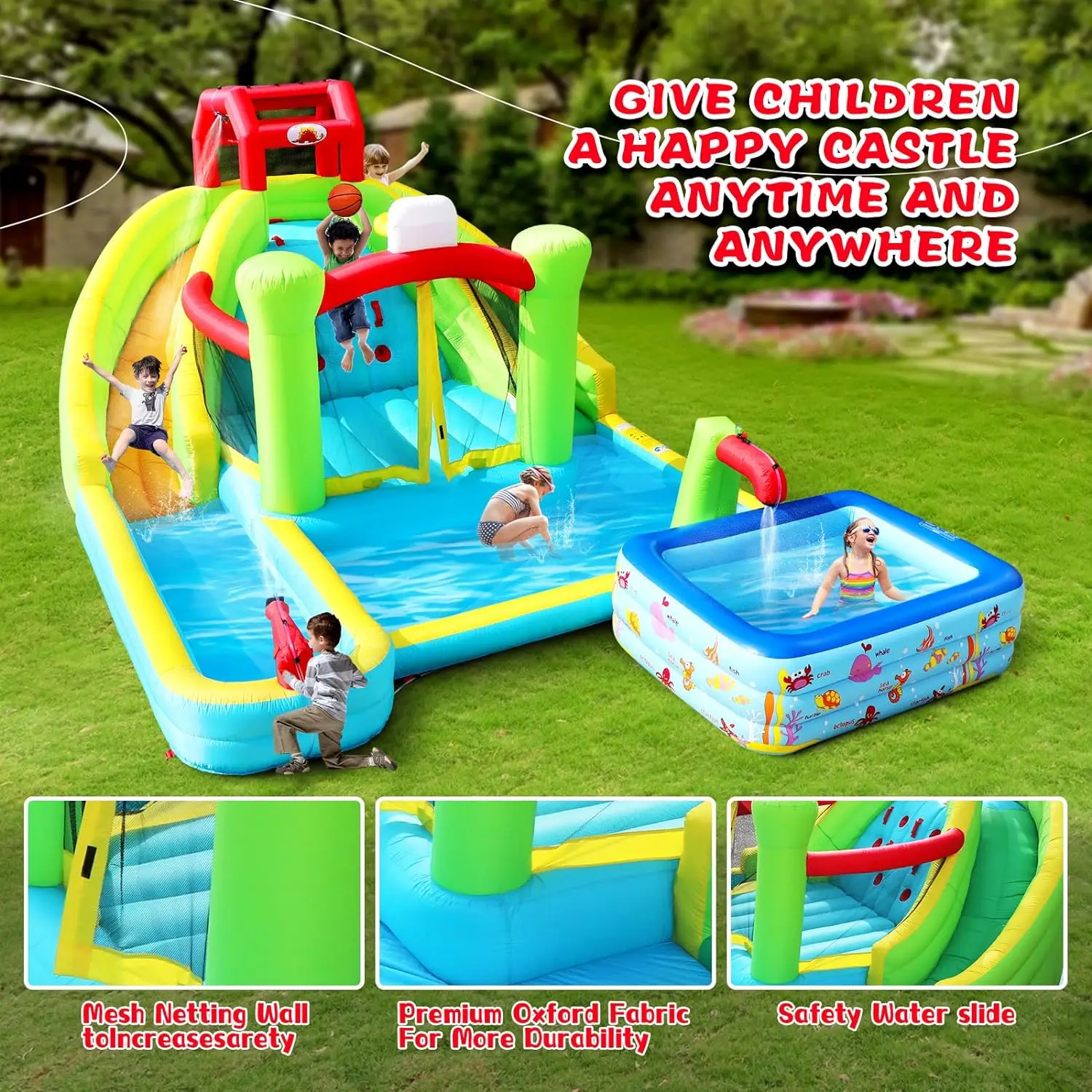 Inflatable Water Slide Pool for Two with Blower Bouncy Castle Rock Climbing Large Deep Pool and Water Gun Inflatable Swimming Pool