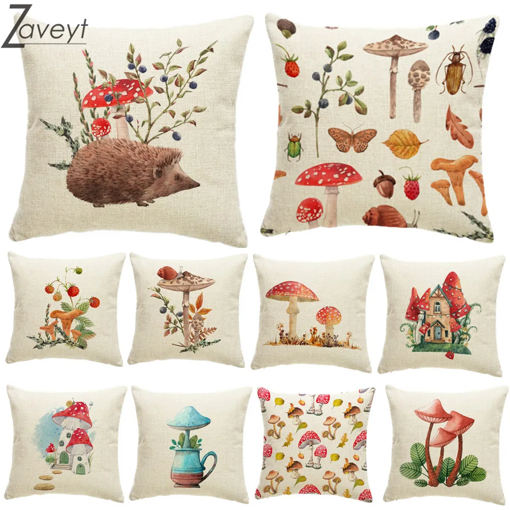 

Cartoon Hedgehog Snail Forest Fun Pillowcase Mushroom Leaf Square Cushion Cover Home Decoration Sofa 45*45cm Linen Pillowcase