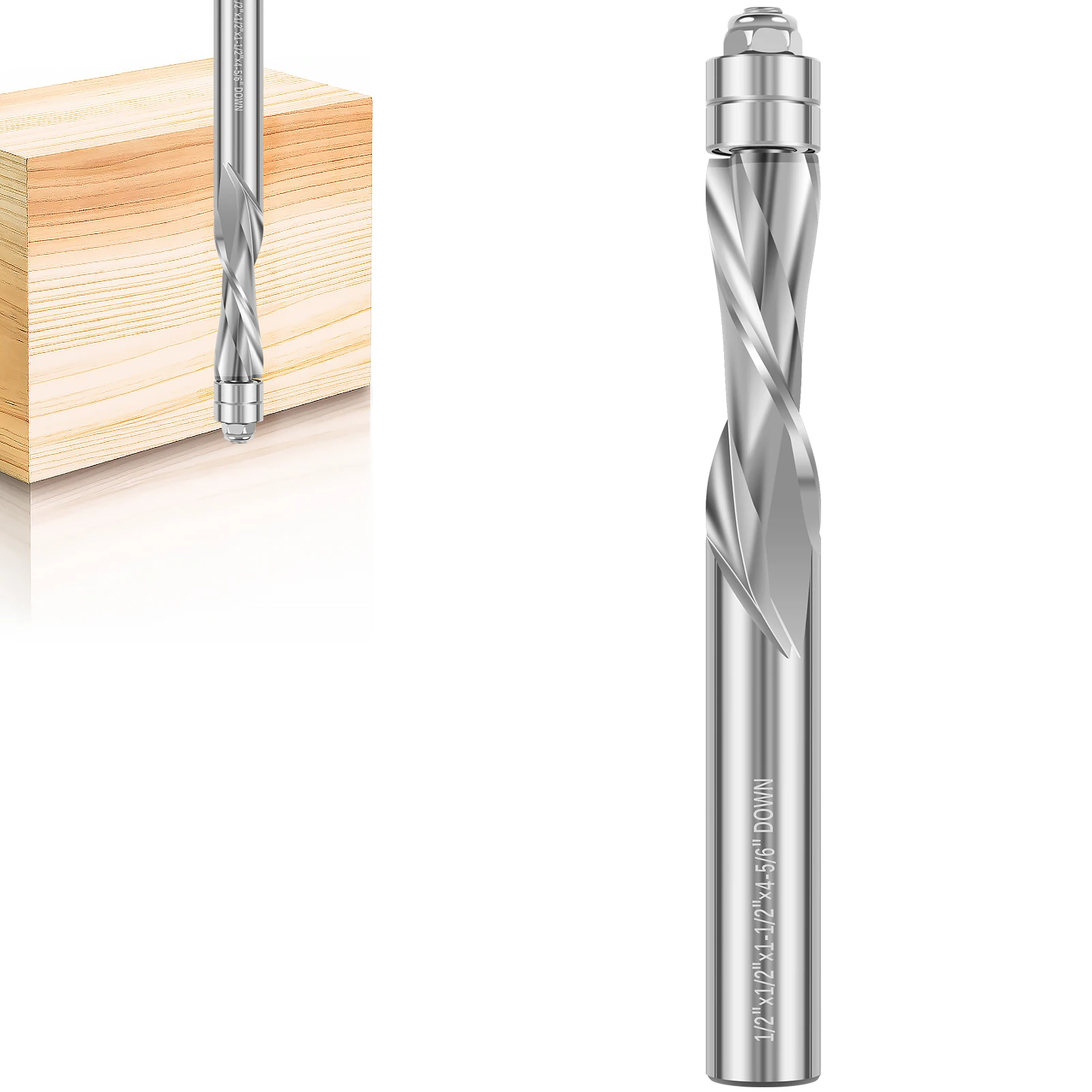 

Downcut Spiral Flush Trim Router Bit Solid Carbide Flush Trim End Mill Bit with 1/2inch Shank Double Bearing 1-1/2inch Cutting