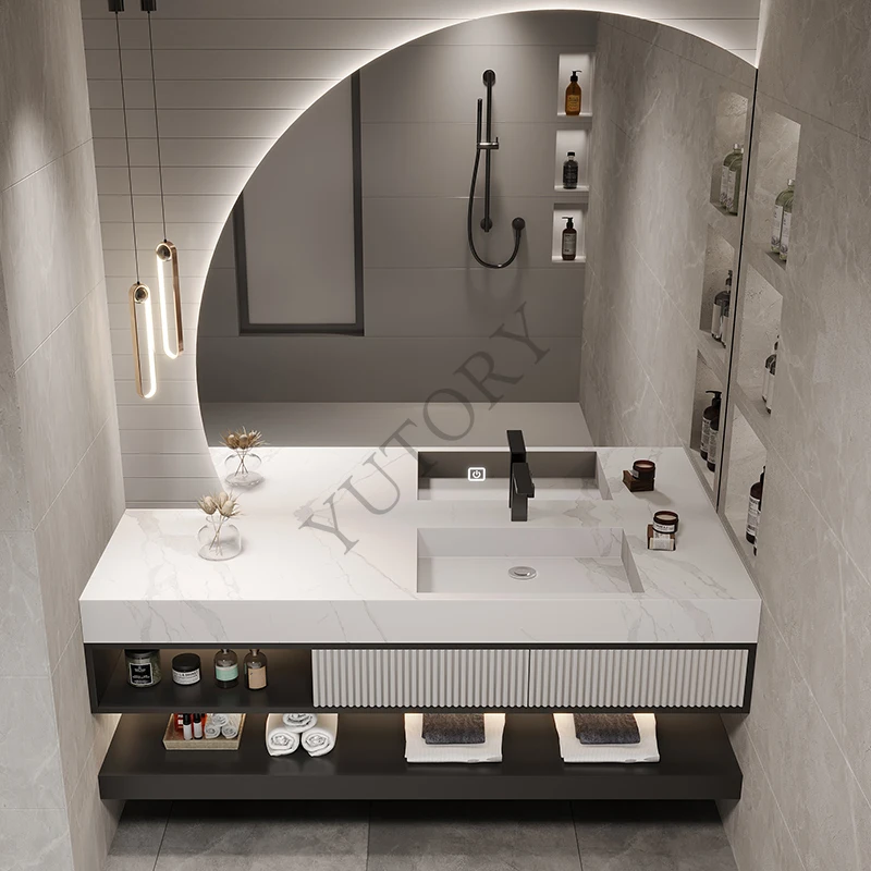 Solid wood rock slab integrated basin bathroom cabinet modern smart toilet hand wash basin cabinet bathroom