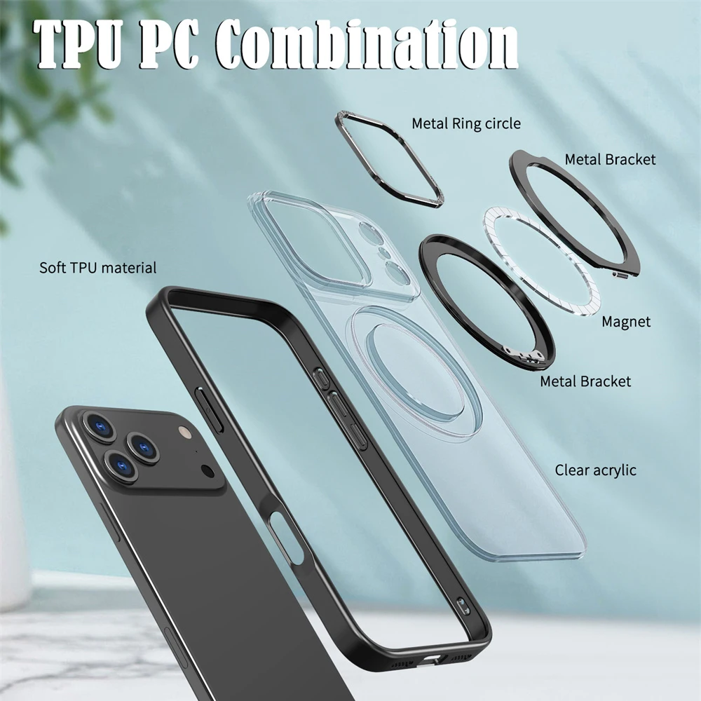 Luxury Rotating Magnet Ring Fold Stand Phone Case For iPhone 17 Air 15 16 Pro Max 14 13 12 11 Lens Protector Clear Acrylic Cover 4