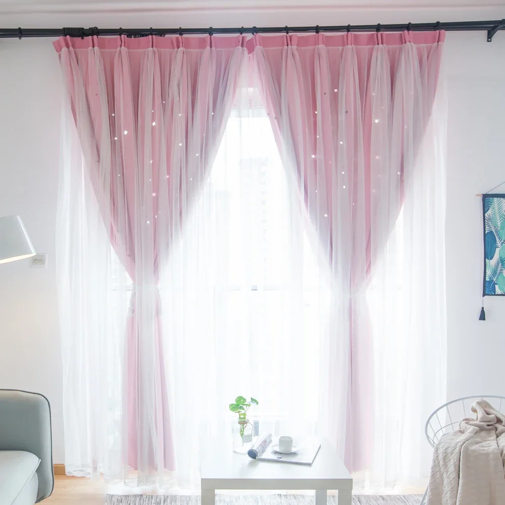 Cortinas de doble capa para habitación de niñas, decoración de encaje rosa  con lazo, para sala de estar, dormitorio, balcón, ventana flotante,  personalizadas - AliExpress