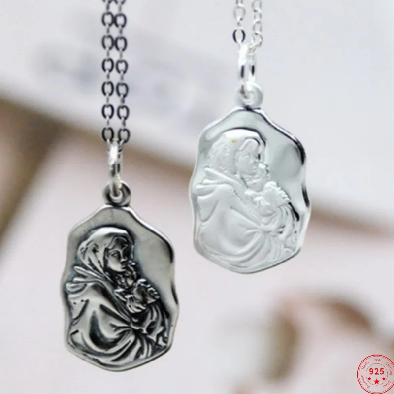 S925 Sterling Silver Charms Pendants For Women Men New Fashion Square Relief Virgin Mary Image Amulet Jewelry Lover Gift