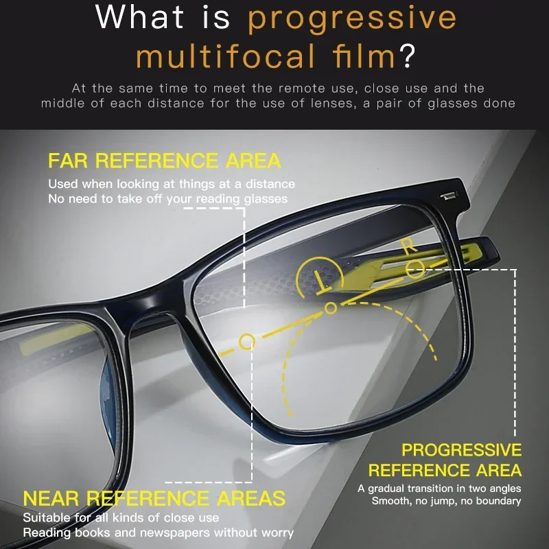 Progressive Photochromic Multifocal Reading Glasses 3 in 1 Outdoor Bifocal Sunglasses TR90 Sports Anti Blue Near Far Eyeglasses 4