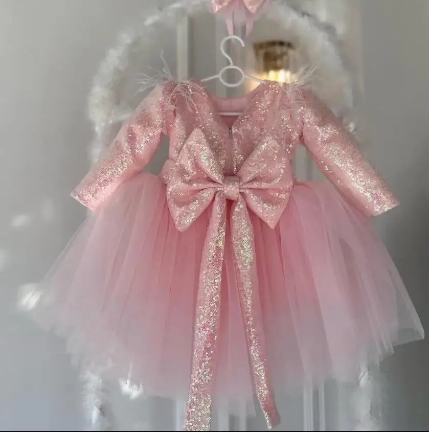 

Pink Sequin Tutu Handmade Baby Girl Dress with Long Sleeves Princess Dress Knee Length Child Party Birthday Gown Head Bow