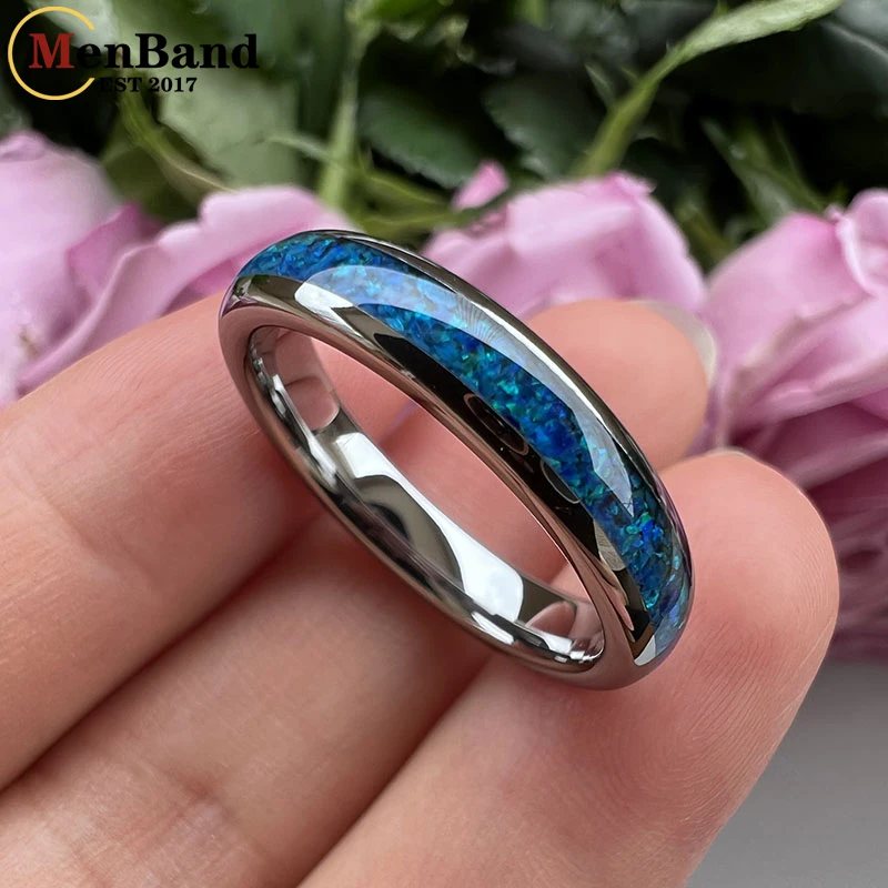 MenBand 4MM Black Opal Ring Women Tungsten Engagement Wedding Band Stylish Gift Jewelry Domed Polished Comfort Fit Size 5-11