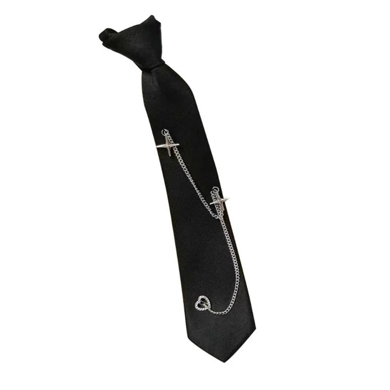 Crosses Heart Chain Black Ties Gothic Pre Tied Necktie for School