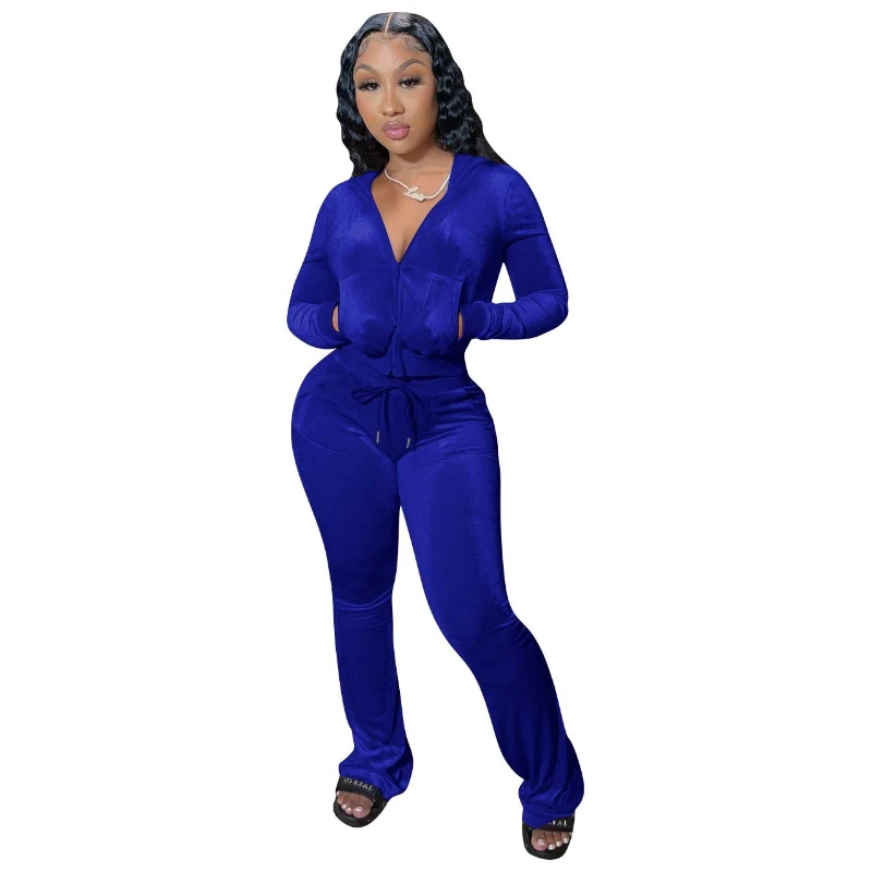 Women Velvet 2 Piece Sets Autumn Winter Tracksuit Pockets Long Sleeve Zipper Hooded Jackets High Waist Flare Pants Slim Suits women hoodie jumpsuit pockets sweatpants sport sweatsuit zipper jacket elastic waistband pants one piece outfits tracksuit set