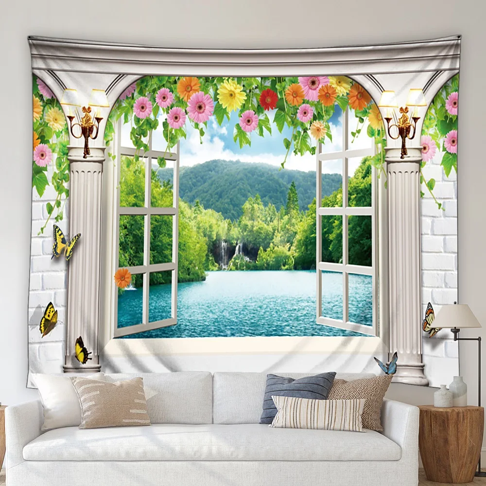 

3D European Style Scenery Tapestry Window outside Sea Blue Sky Cloud Plant Flower Scape Pattern Living Room Bedroom Wall Hanging