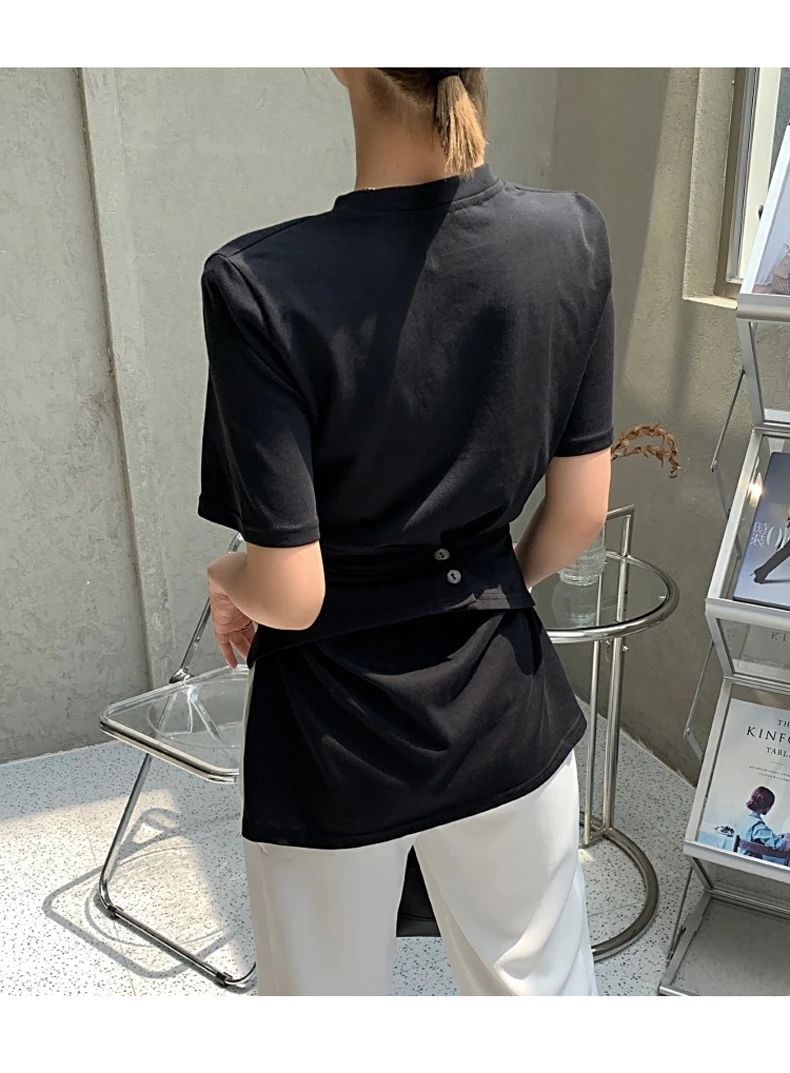 2022 New Summer Solid Cross Women's T-Shirts Long Sleeve O-Neck Front Split Bottoming Minimalist Shirts Chic Long Tops Female cheap graphic tees