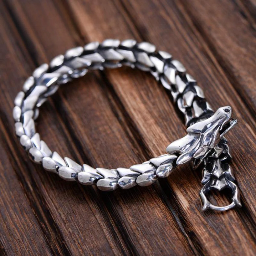 

Mencheese 925 Sterling Silver Viking Jewelry Heavy Dragon Scale Bracelet For Men 23CM Vintage Punk Style