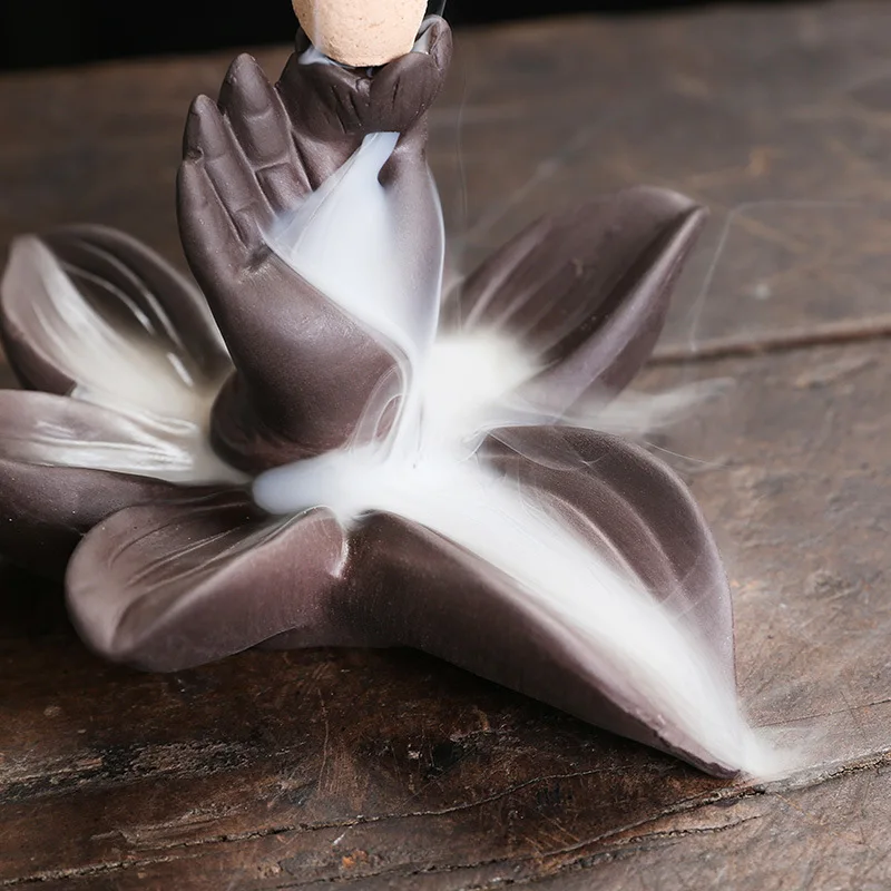 Purple Clay Bergamot Lotus Backflow Incense Burner Creative Small Fingered Backflow Aromatherapy Stove Holder Home Decoration