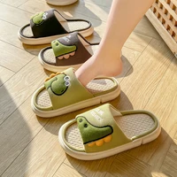 Casual Platform Slippers Women Home Cotton Hemp Cute Cartoon Dinosaur Designer Shoes Girls Flats Fashion Slipper Ladies Open Toe 1