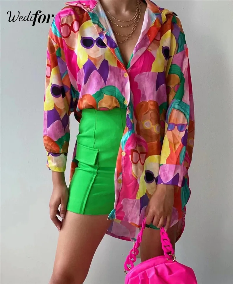 

Новинка, модная уличная одежда Wedifor, блузка с принтом и принтом, рубашка для женщин, однобортные повседневные топы с длинным рукавом, женские блузы