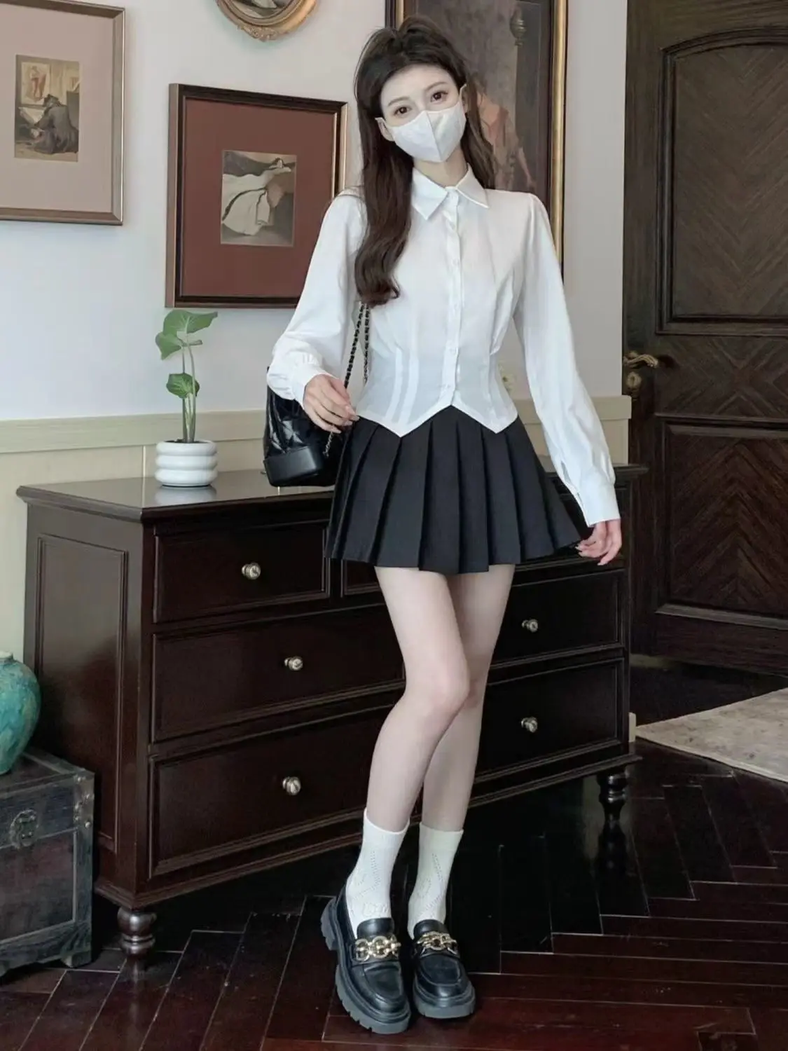 Camisa corta blanca de manga larga para mujer, túnica ajustada con botones, blusa básica, blusa escolar, blusa formal de cola de golondrina para mujer