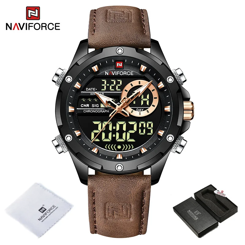 Luxury Brand NAVIFORCE Men's Military Watch Waterproof Digital Display Clock Quartz Sport Male Wrist Watch Genuine Leather Strap 