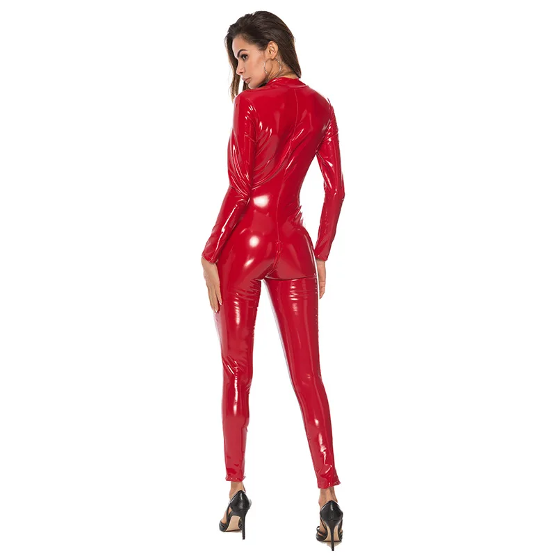 Open Crotch Latex Bodysuit for Women Clubwear Shiny PU Leather Long Sleeve Jumpsuit with Zipper Sexy Clothing