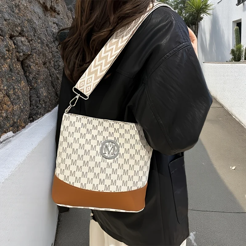 Elegant Women's Multi-Layer Crossbody Tote Bag with Structured Lining - Dark Brown/Black/White - Ideal for Commuting, Shopping, Work, and Everyday Use - Sophisticated Fabric Texture with Letter Print Design - Spacious Interior for Essentials and Travel N