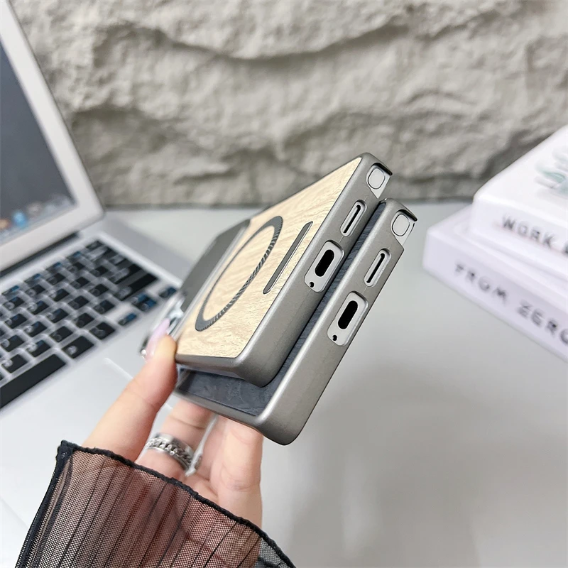 Frameless Wood Grain Leather Magnetic Phone Case