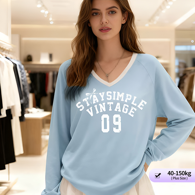  【Oversize Tshirt】(40-150kg) Plus size thin v neck colorblock print top women bow tie unique design long sleeve tshirt 