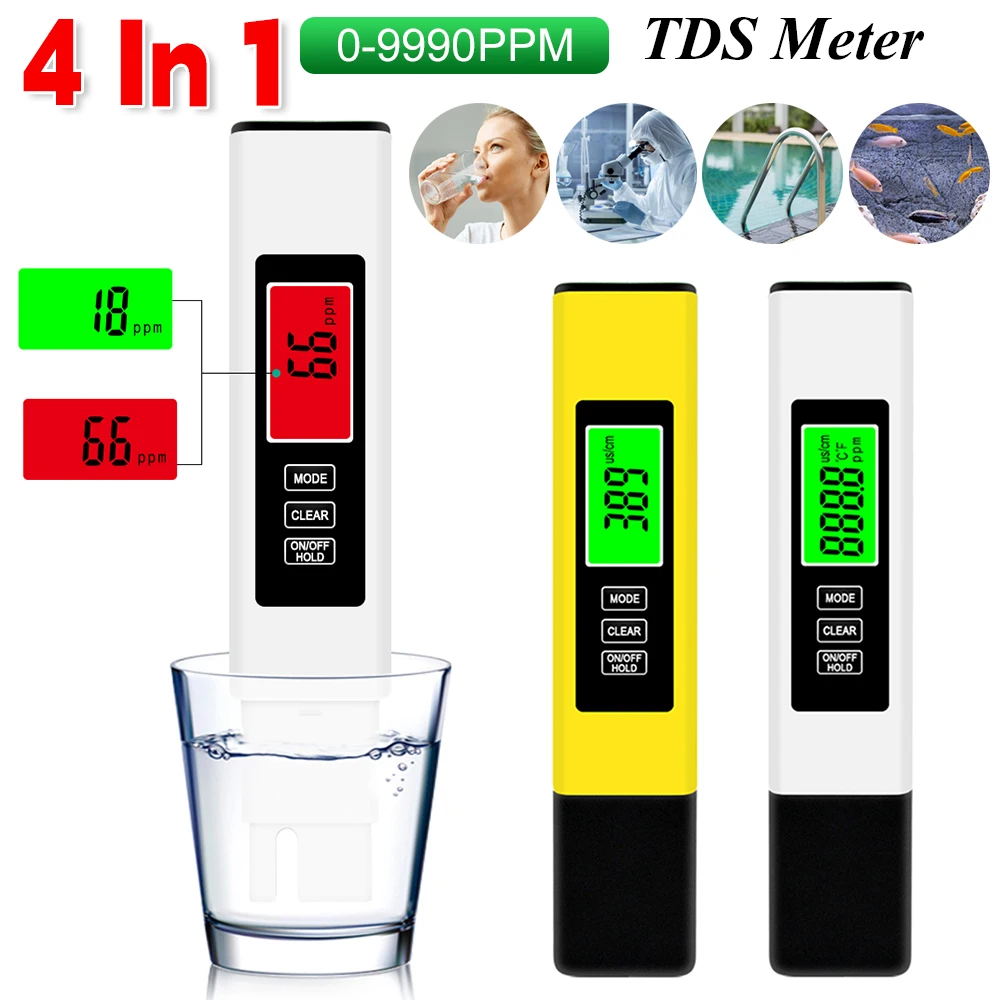 4 in 1 TDS Digital Water PH Meter 0-9990PPM High Precision Water Quality Tester
