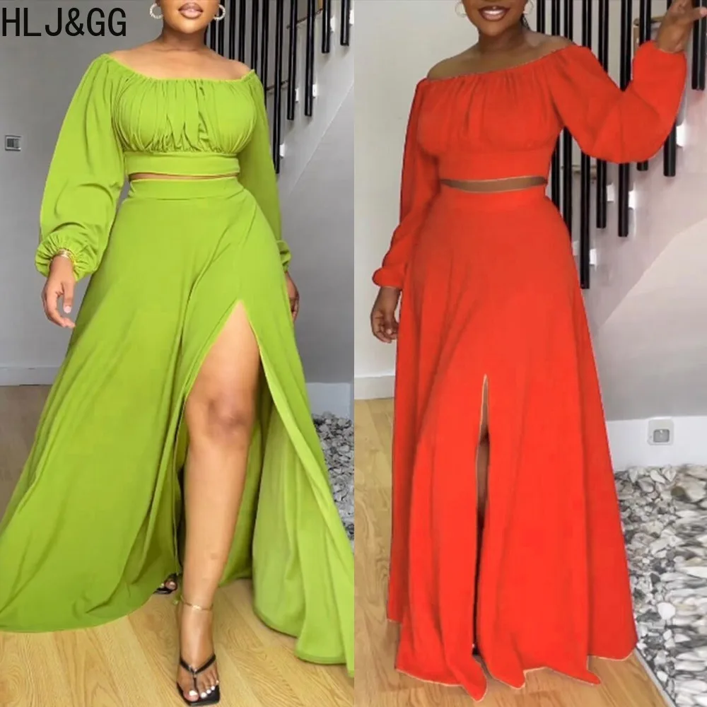 HLJ&GG Fashion Off Shoulder Large Skirt Hem Skirts Two Piece Sets Women Long Sleeve Crop Top And Slit Skirt Outfits Streetwear