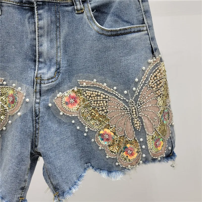 High Waist Stretchy Burr Denim Hot Pants Female 2024 Summer New Heavy Industry Beads Embroidered Blue Shorts Women Clothing